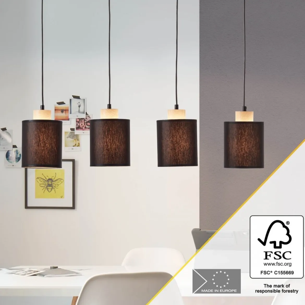 Brilliant Leuchten No. 99413-76 Pendelleuchte Vonnie 4-flammig E27 schwarz holzfarbend