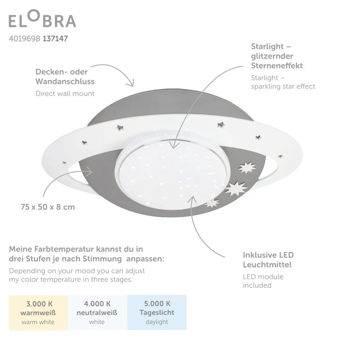 Elobra 137147 LED Deckenleuchte Saturn Starlight silber weiß 3000-5000K