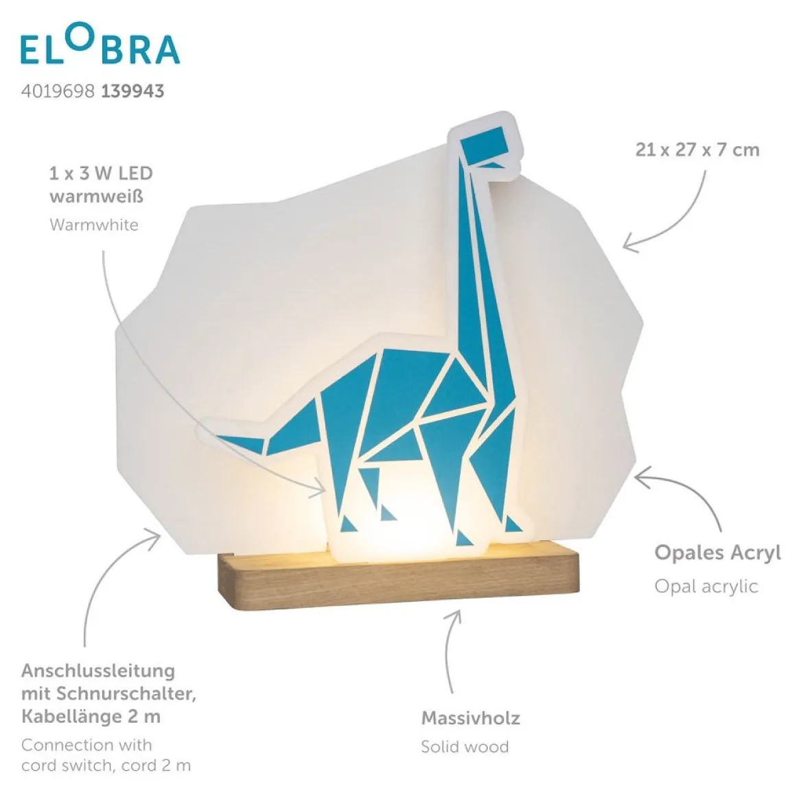 Elobra 139943 LED Tischleuchte Stecksystem Dinopoly blau warmweiß