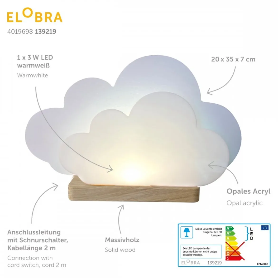 Elobra No. 139219 Tischleuchte Wölkchen weiß warmweiß