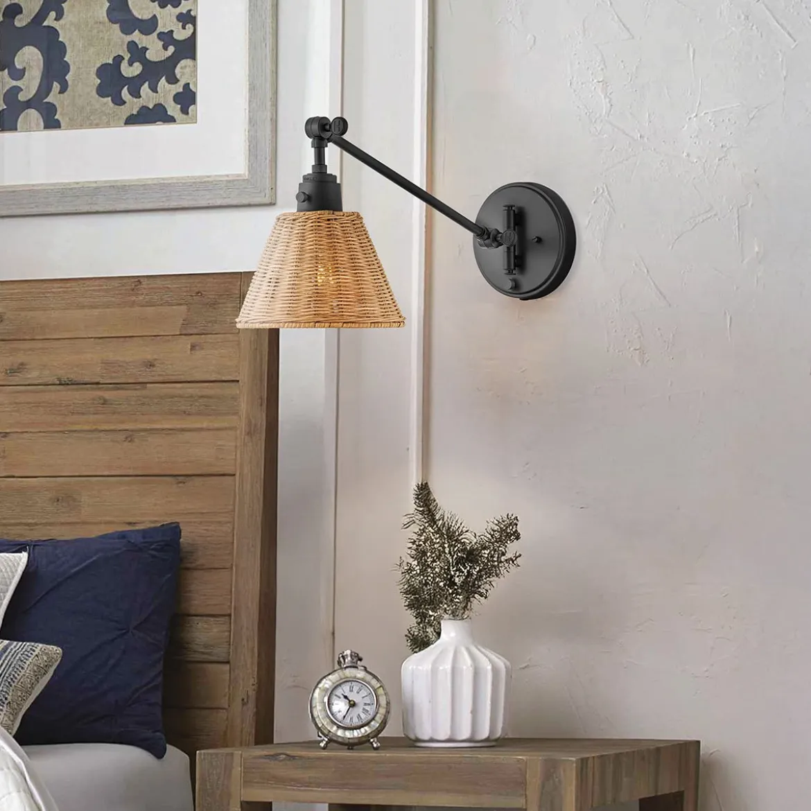Elstead Lighting Arti 1 Wandleuchte Schwarz Rattanschirm natur