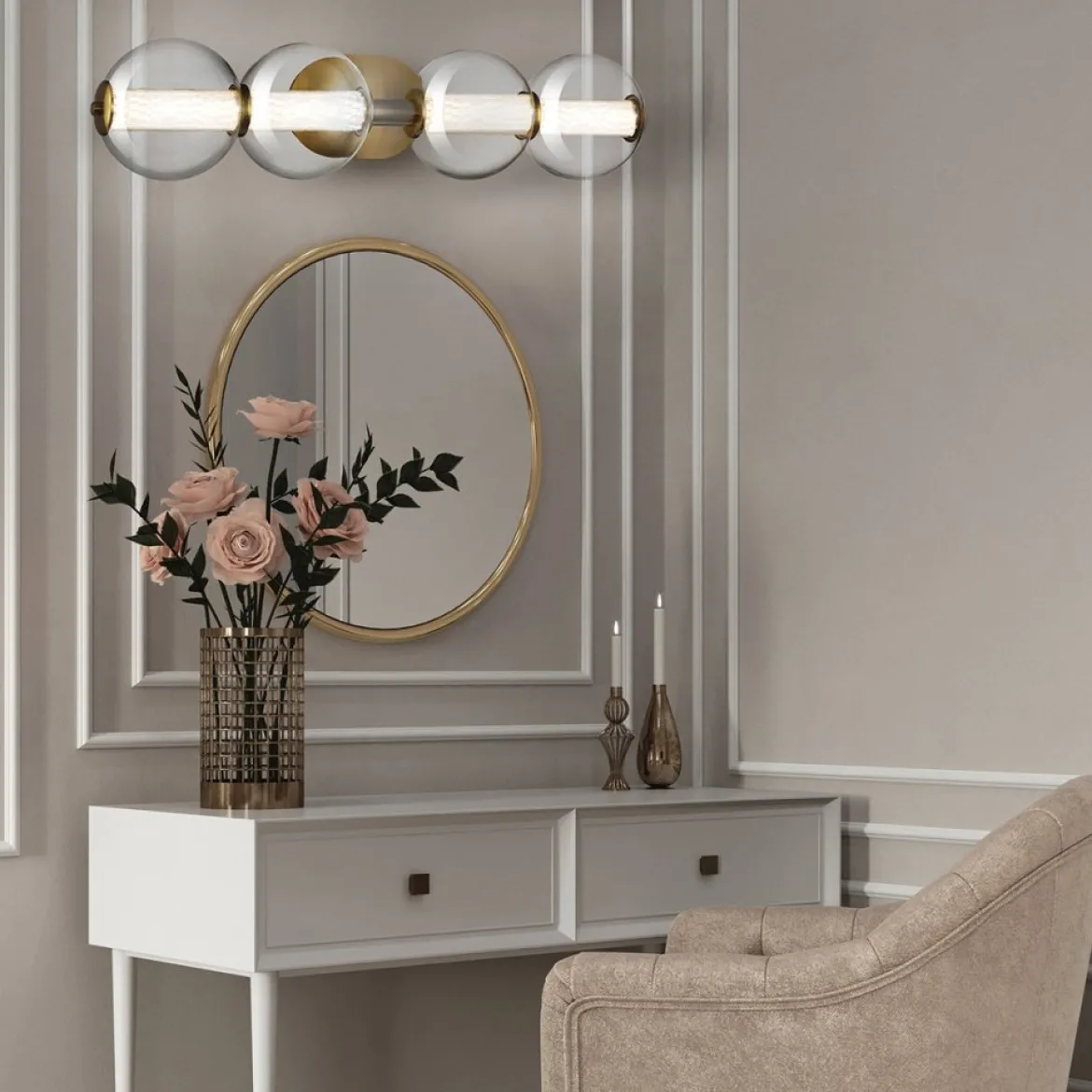 Elstead Lighting LED Wandleuchte Atomo 4-flammig Gold gebürstet 3000K