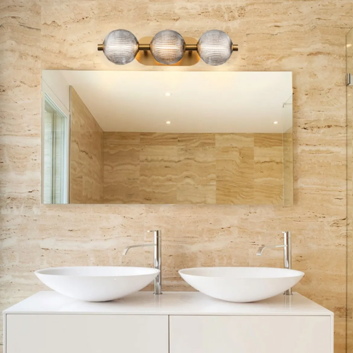 Elstead Lighting LED Wandleuchte Palmas 3-flammig 3000K gold Rauchglas