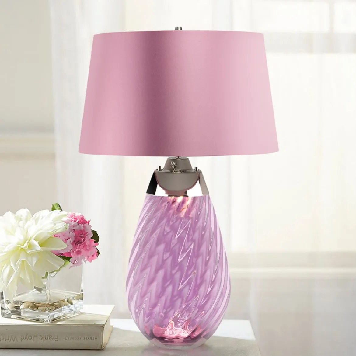Elstead Lighting Lena Tischleuchte Large 2-Light Pflaume Nickel Stoffschirm lila 74cm