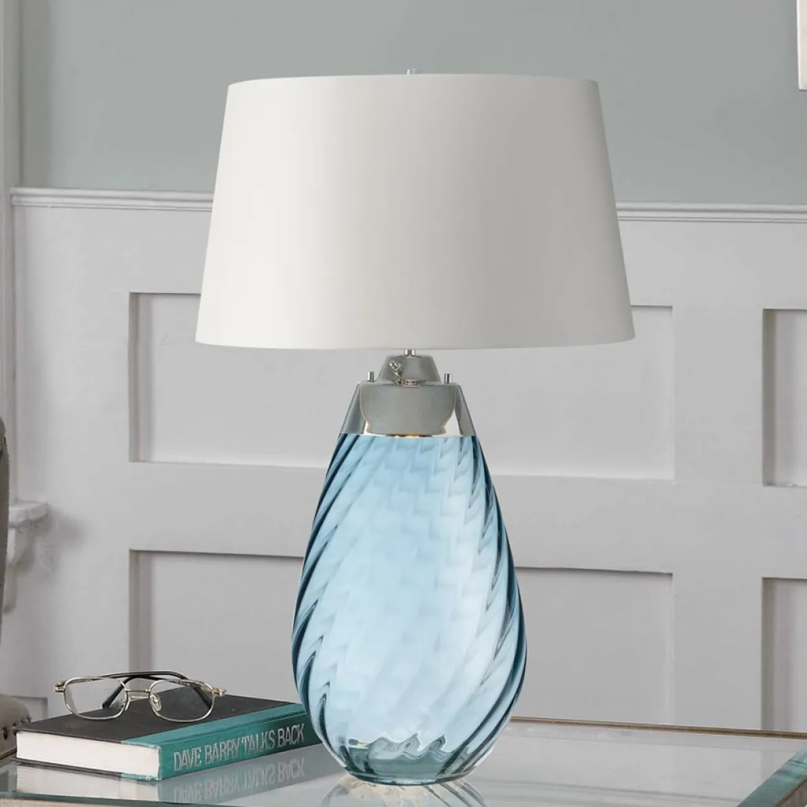 Elstead Lighting Lena Tischleuchte Large 2-Light Blau Nickel Stoffschirm Altweiß 74cm