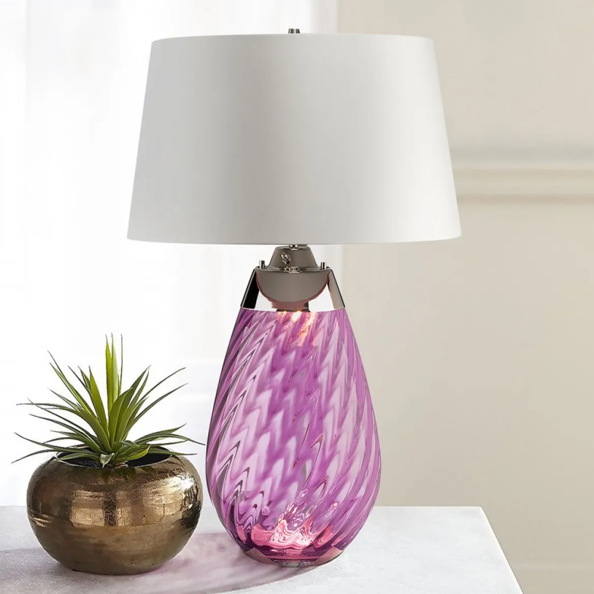 Elstead Lighting Lena Tischleuchte Large 2-Light Pflaume Nickel Stoffschirm Kaltweiß 74cm