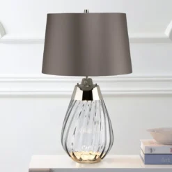Elstead Lighting Lena Tischleuchte Small 2-Light Rauchglas Nickel Stoffschirm Grau 61cm