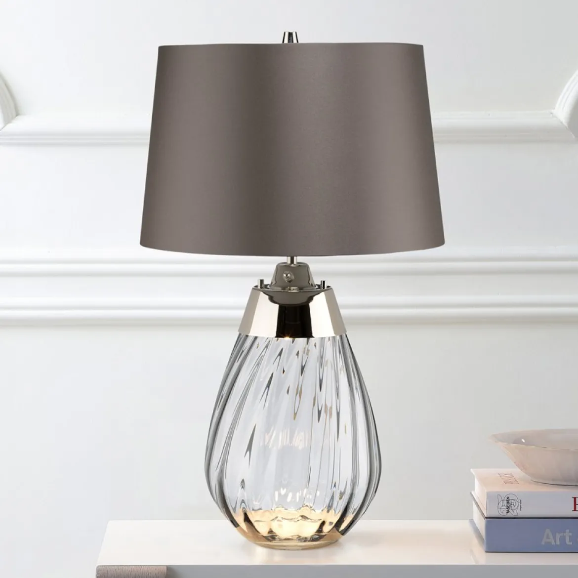 Elstead Lighting Lena Tischleuchte Small 2-Light Rauchglas Nickel Stoffschirm Grau 61cm