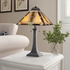 Elstead Lighting Navajo Tischleuchte 2 flammig im Tiffany-Stil Bronze mit Kunstglasschirm E27