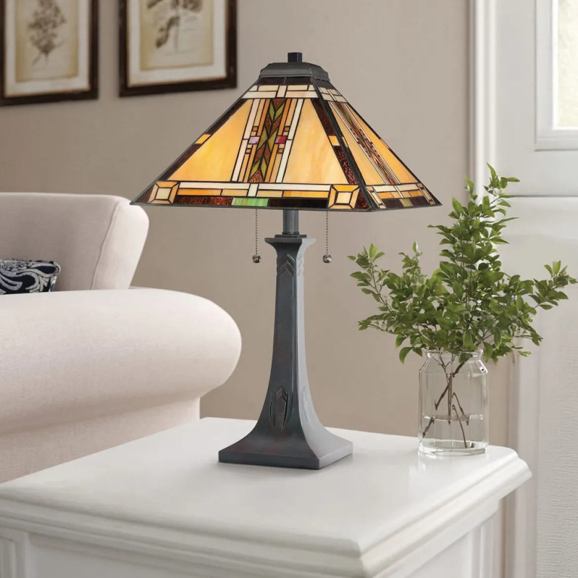 Elstead Lighting Navajo Tischleuchte 2 flammig im Tiffany-Stil Bronze mit Kunstglasschirm E27
