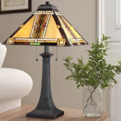 Elstead Lighting Navajo Tischleuchte 2 flammig im Tiffany-Stil Bronze mit Kunstglasschirm E27