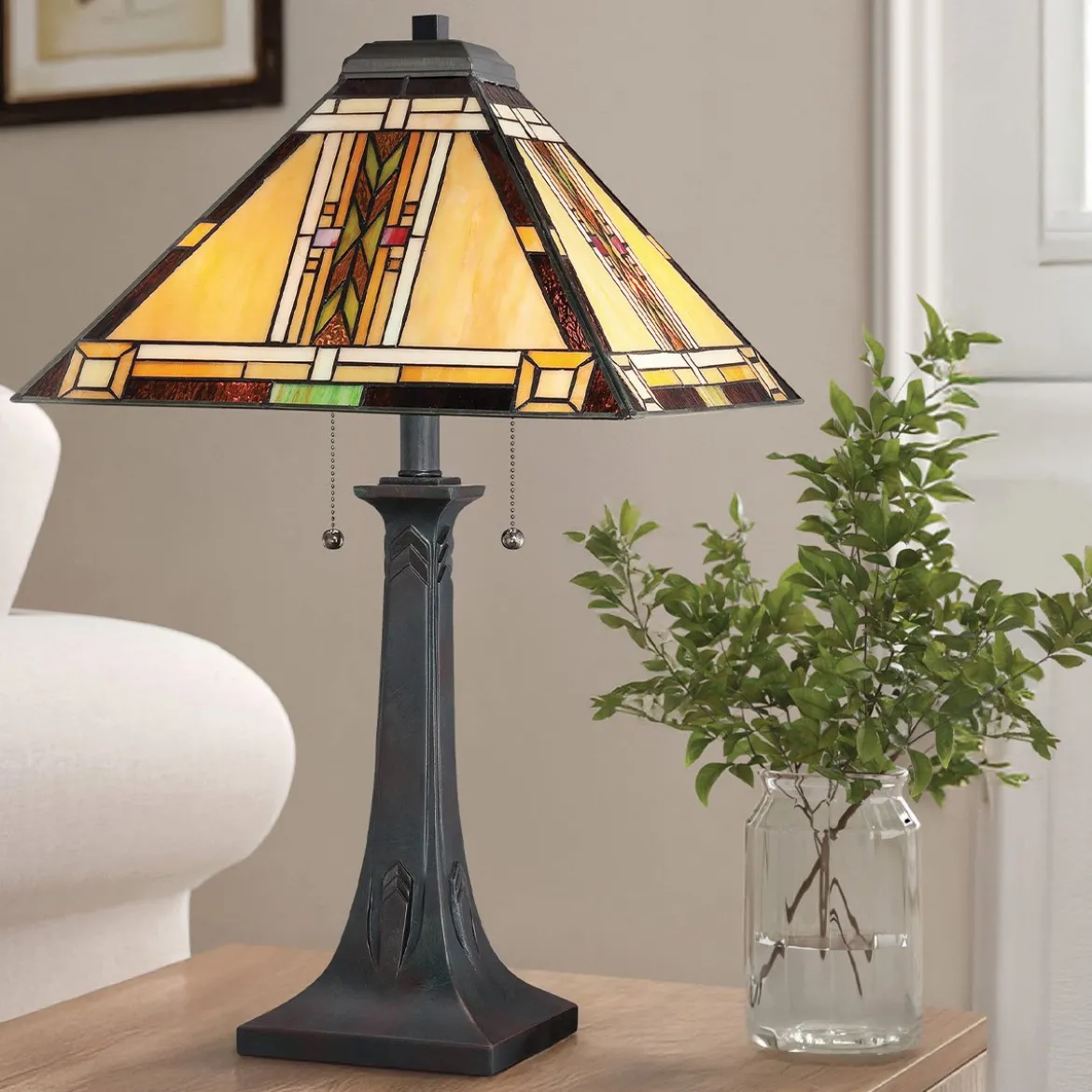Elstead Lighting Navajo Tischleuchte 2 flammig im Tiffany-Stil Bronze mit Kunstglasschirm E27