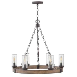 Elstead Lighting Sawyer Pendelleuchte 6-flammig Sequoia-Holzoptik Rost-Eisen-Akzenten
