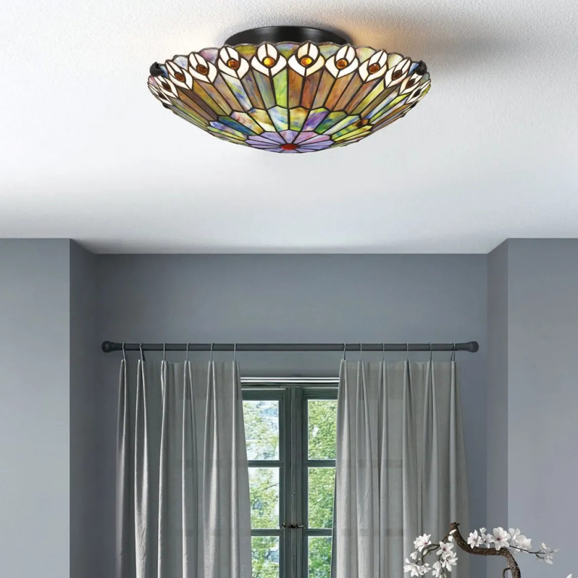 Elstead Lighting Watkins Deckenleuchte 2-flammig im Tiffany-Stil Bronze Kunstglasschirm