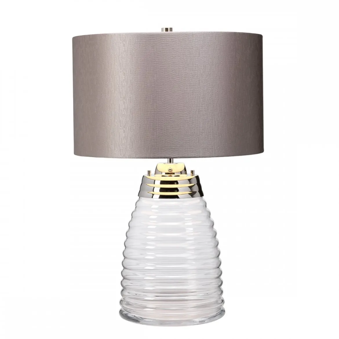 Elstead Milne Tischlampe Glas klar Satinschirm Grau