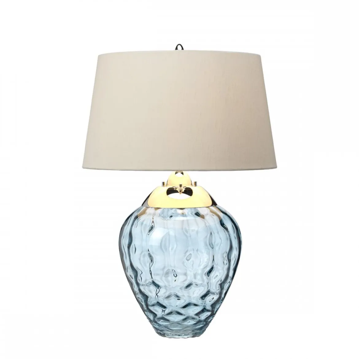 Elstead Samara Tischlampe klein hellblau Stoffschirm taupe 72cm