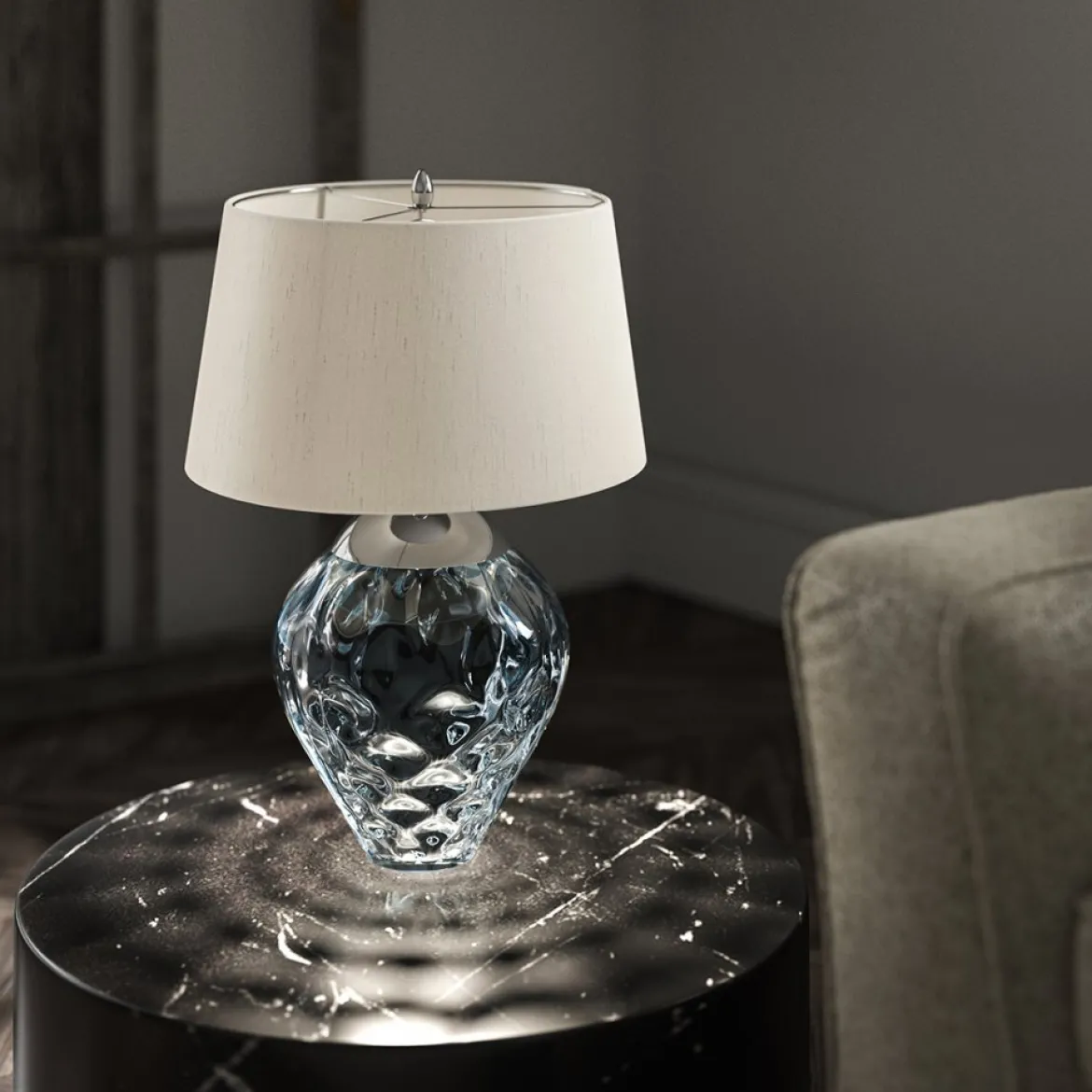 Elstead Samara Tischlampe klein hellblau Stoffschirm taupe 72cm