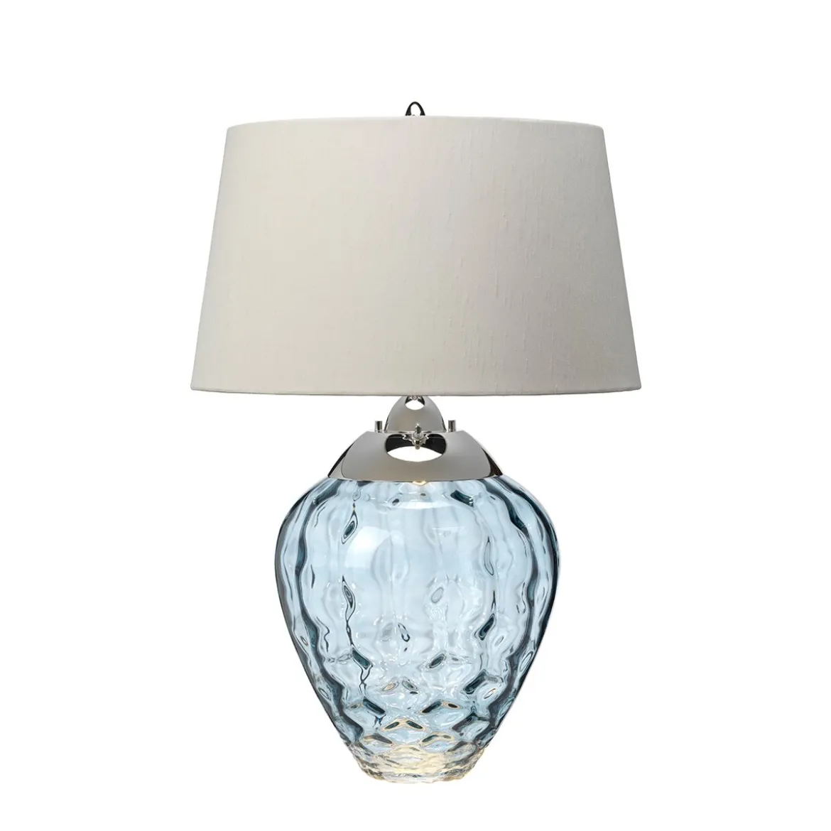 Elstead Samara Tischlampe klein hellblau Stoffschirm taupe 72cm