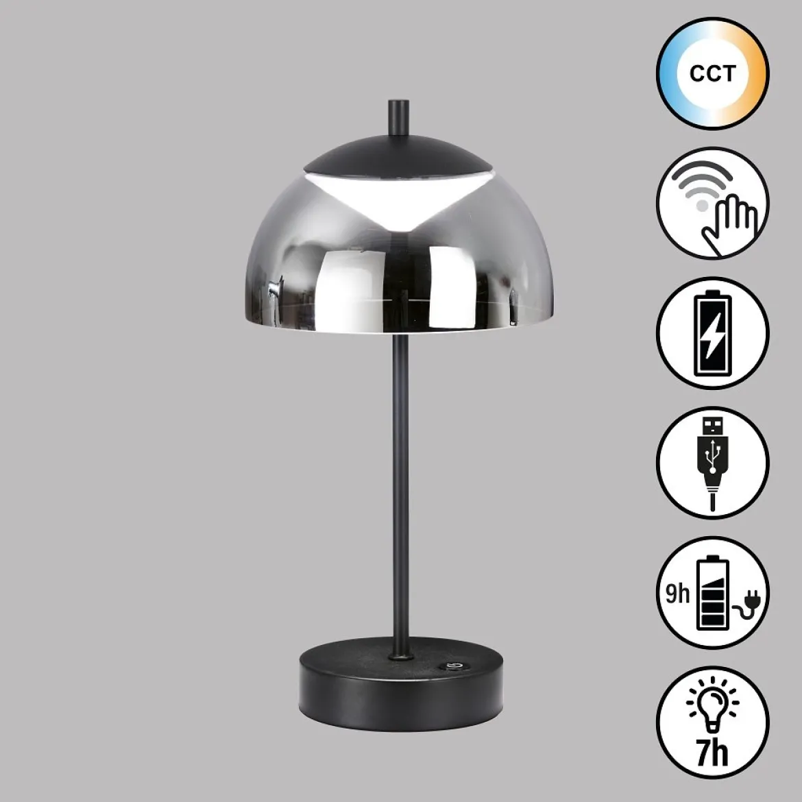 FHL easy 850331 LED Akku Tischleuchte Riva sandschwarz Glas rauchfarben CCT