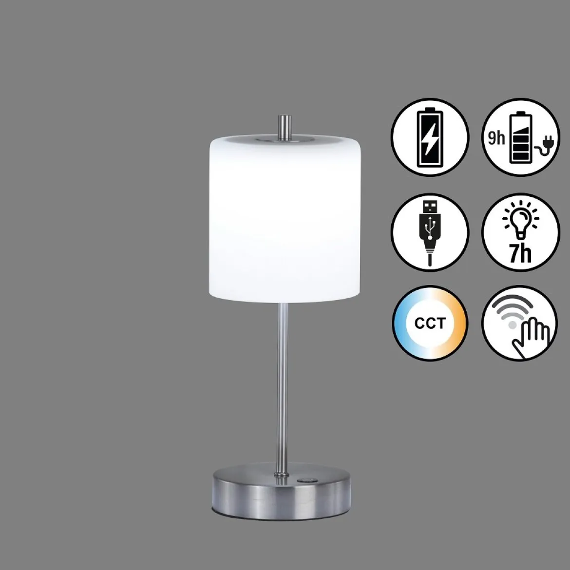 FHL easy 850348 LED Akku Tischleuchte Riva nickelfarben Glas opal matt CCT