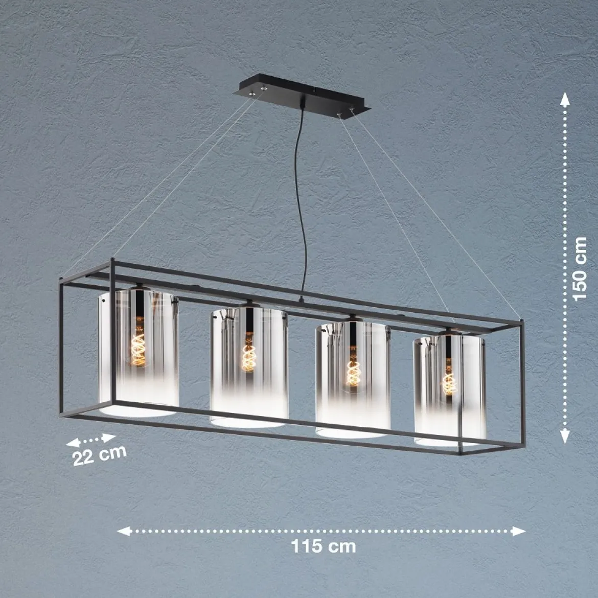Fischer & Honsel 60894 Pendelleuchte Samu 4-flammig sandschwarz Glas rauchfarben zu klar