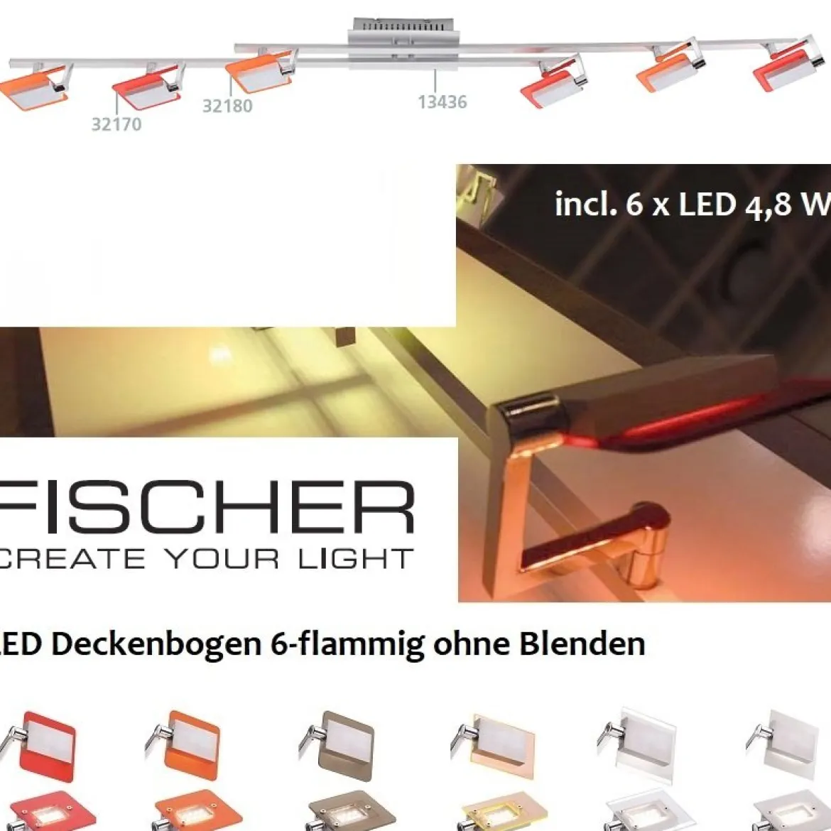 Fischer m6 LED 7 No. 13436 Deckenbogen ohne Glas 6-flammig aluminium