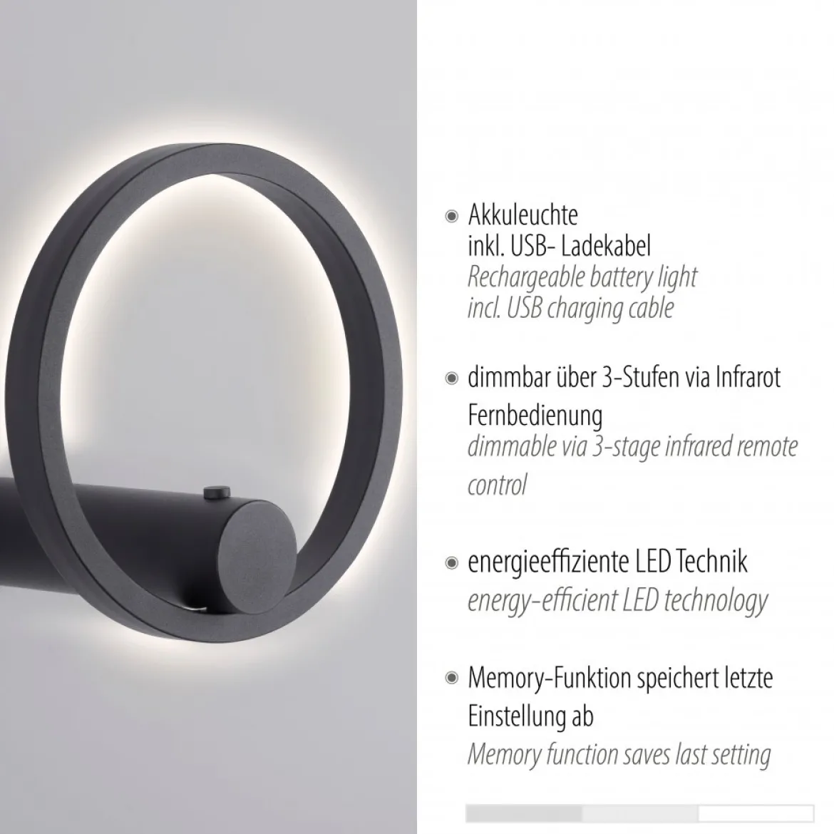 JUST LIGHT 18280-13 ARCHIE AKKU-Wandleuchte anthrazit 3000K