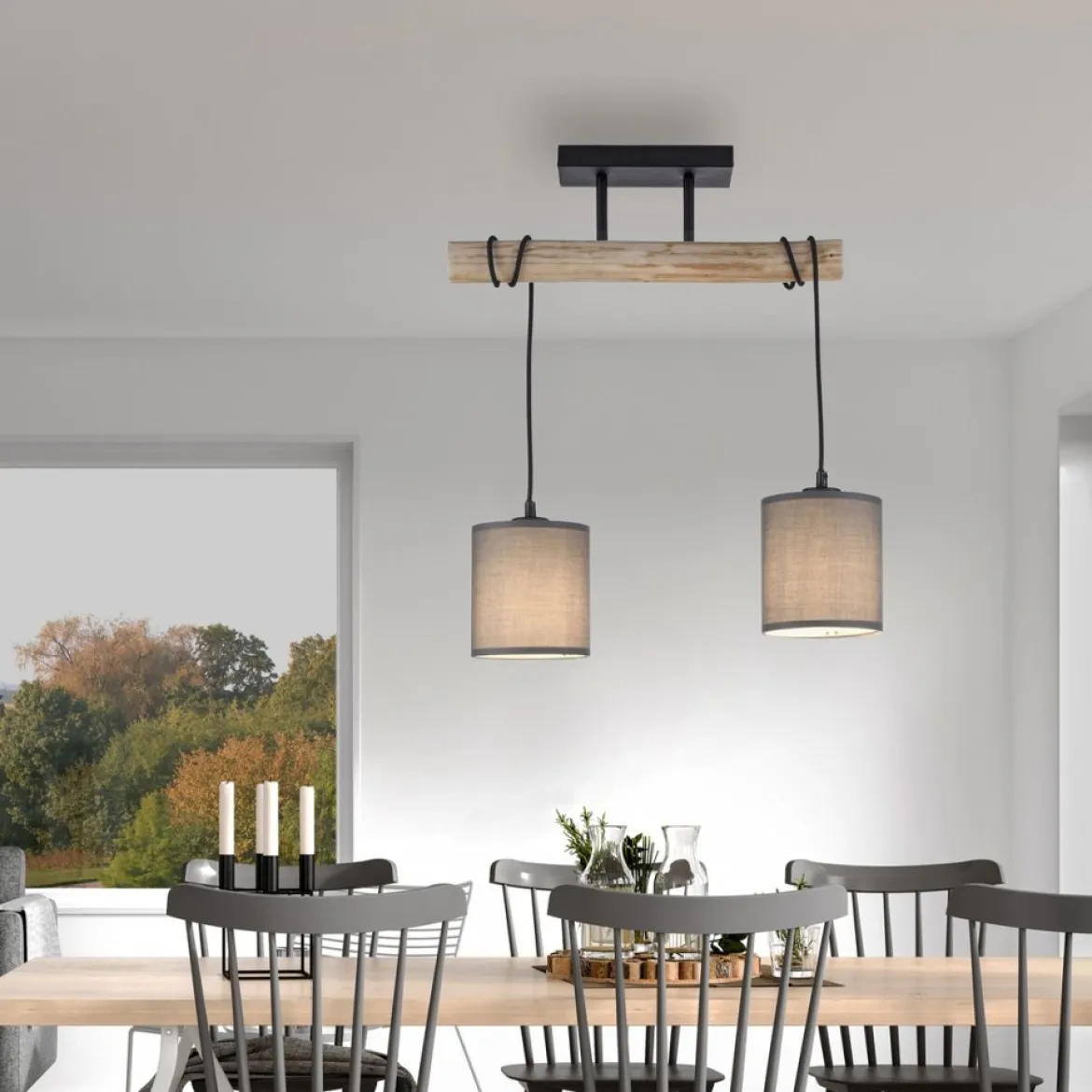 JUST LIGHT 15782-29 GREEN TRIBU Pendelleuchte taupe Stoffschirm 2-flammig