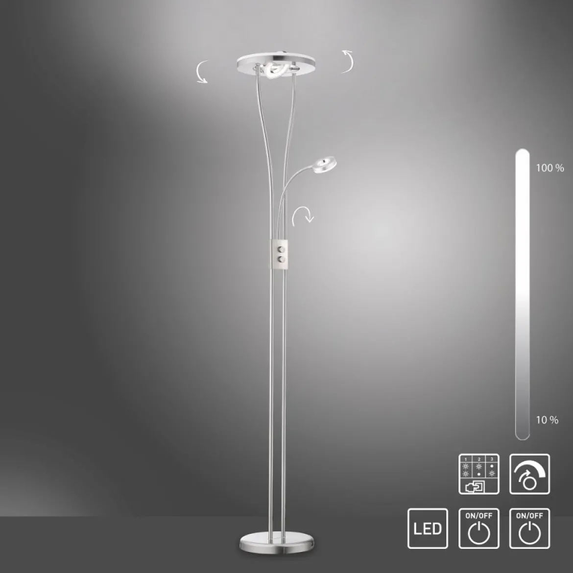 JUST LIGHT 11778-55 HELIA LED Stehleuchte rund mit Lesearm 3000K dimmbar stahlfarben