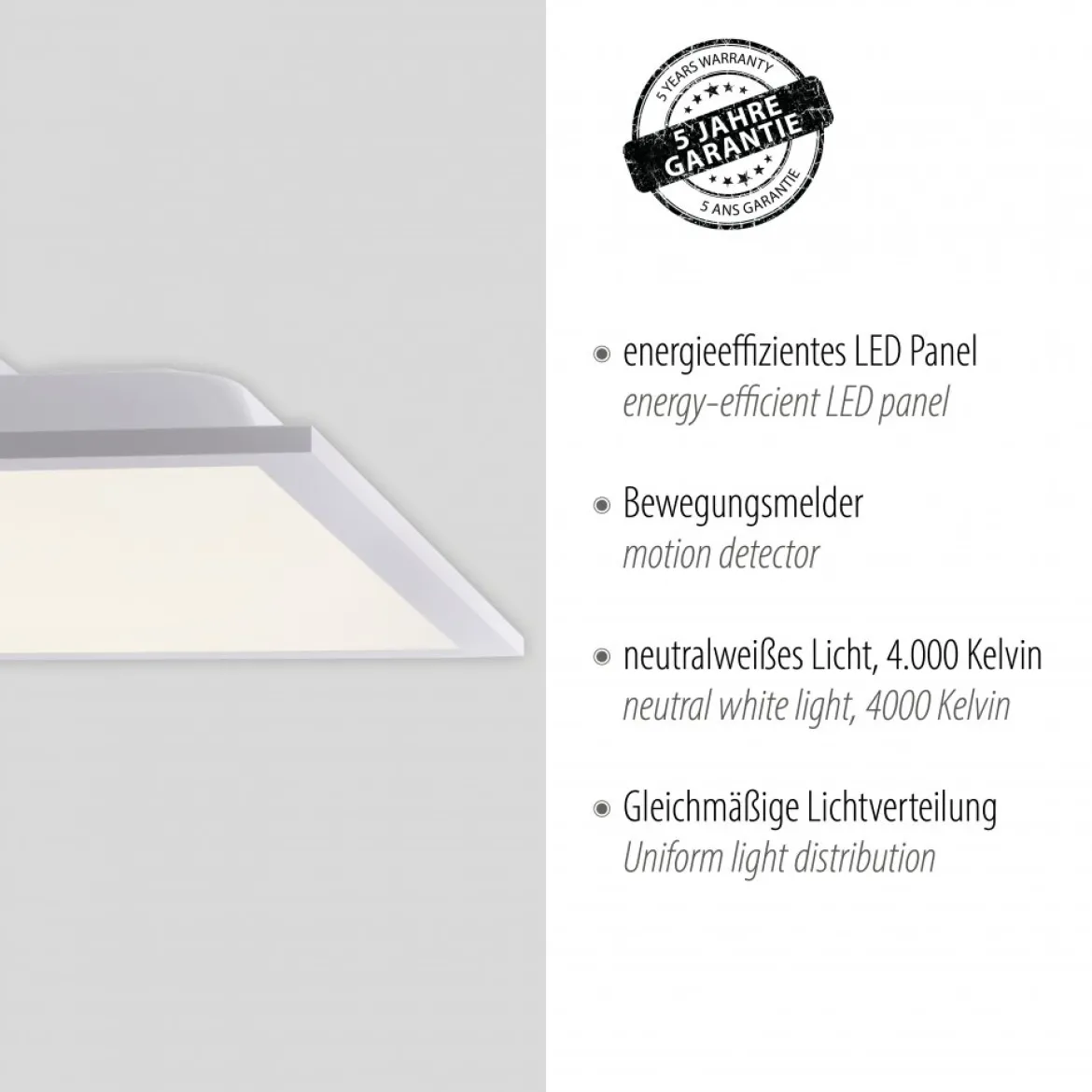 JUST LIGHT 14471-16 LED Panel FLEET mit Bewegungsmelder weiß 445x445mm 4000K