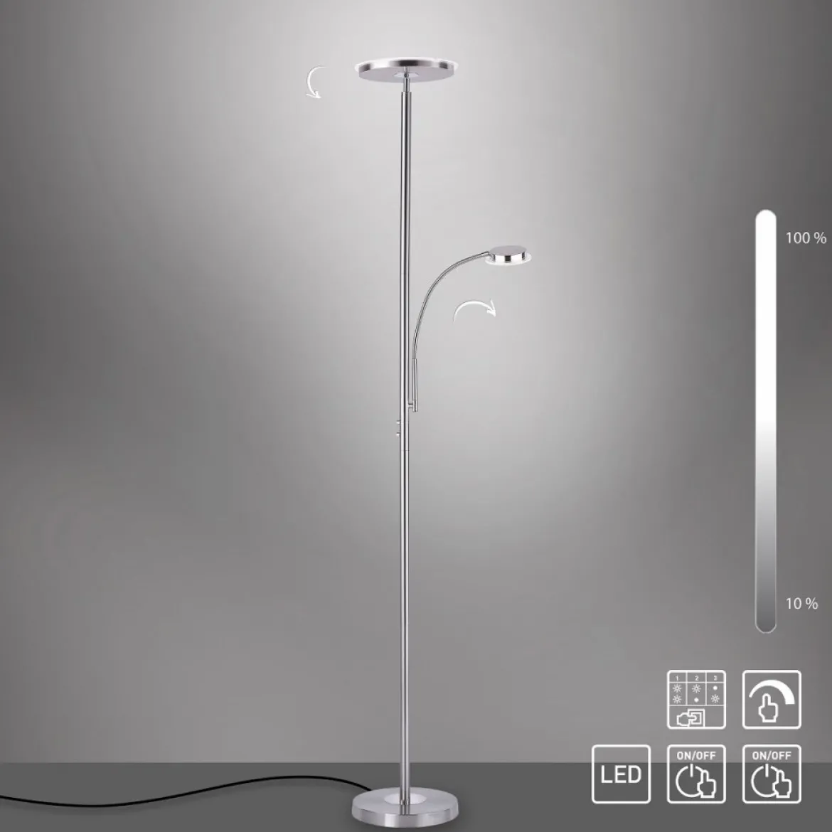 JUST LIGHT 11709-55 LED Stehleuchte Hans mit Lesearm 3000K dimmbar Stahl