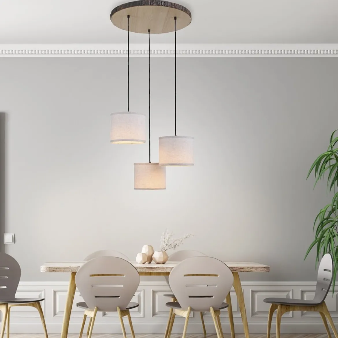 JUST LIGHT 11236-79 Pendelleuchte rund 3-flammig Holzdekor Stoffschirme E27