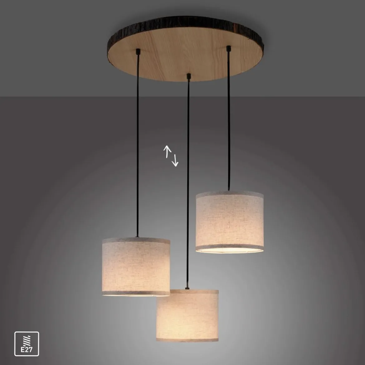 JUST LIGHT 11236-79 Pendelleuchte rund 3-flammig Holzdekor Stoffschirme E27