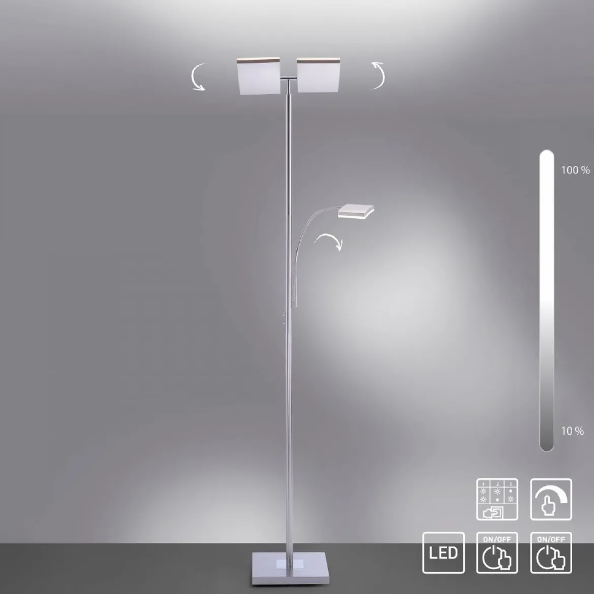 JUST LIGHT 11725-55 RUBEN LED Stehleuchte mit Lesearm 3000K dimmbar stahlfarben