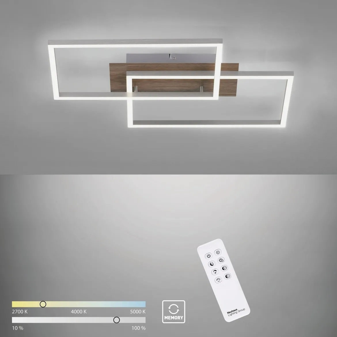 Leuchten Direkt 14018-78 Deckenleuchte Iven 2-flammig stahl Holzdekor CCT