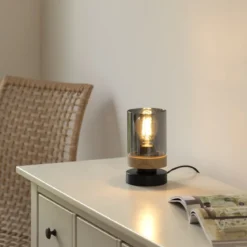 Leuchten Direkt 11310-18 PASQUAL Tischleuchte 1-flammig Holz Rauchglas