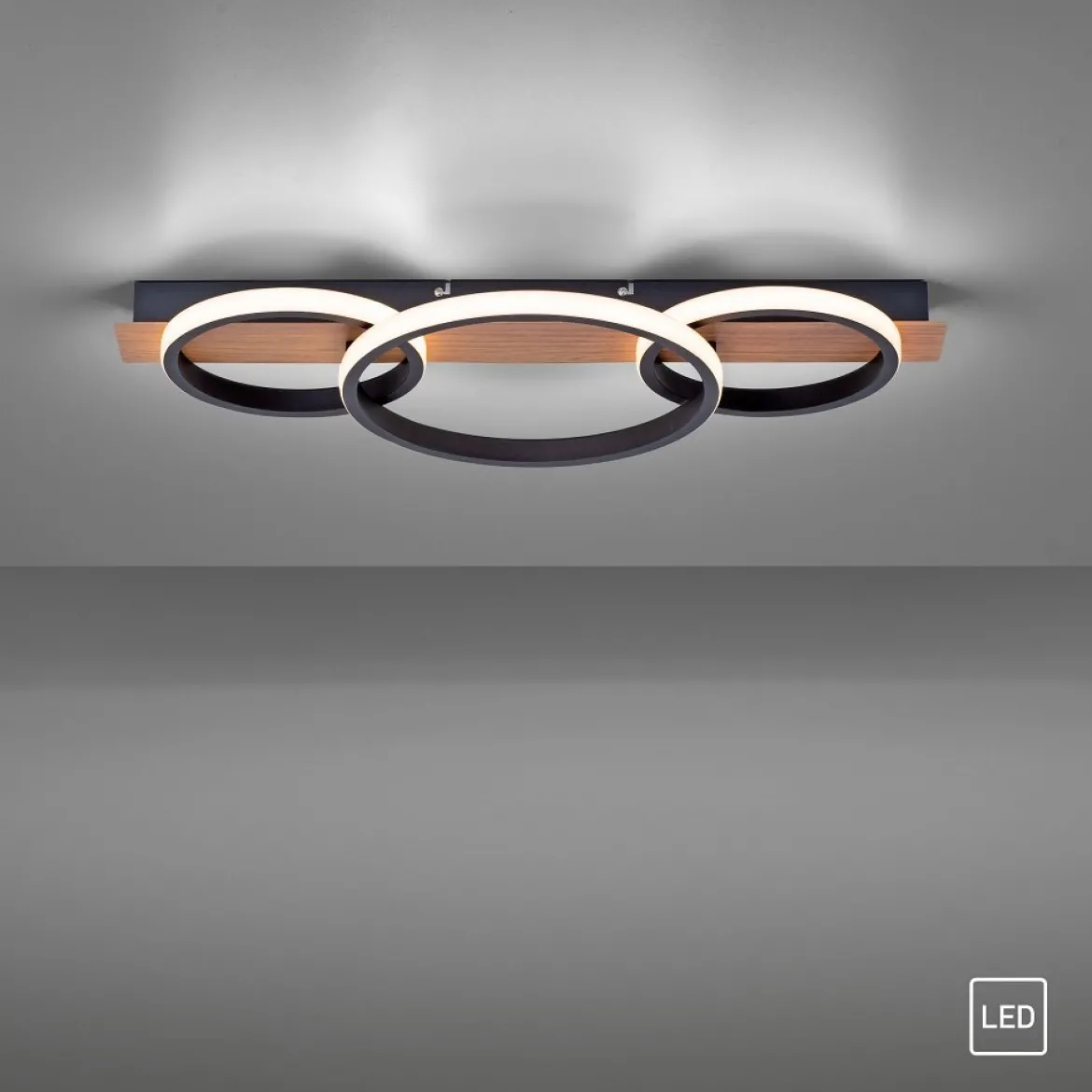 Leuchten Direkt 15616-78 TROOPER LED Deckenleuchte 3 Ringe mit Holzdekor