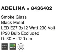 Nova Luce 8436402 ADELINA Pendelleuchte 3-flammig Schwarz Rauchgrau E27