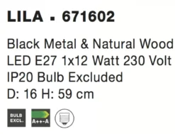 Nova Luce 671602 LILA E27 Tischleuchte Schwarz Naturholz