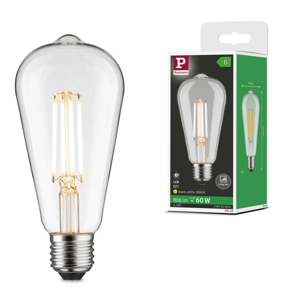 Paulmann 29249 Eco-Line LED Kolben ST64 E27 806lm 3000K 3-Step-Dim Klar