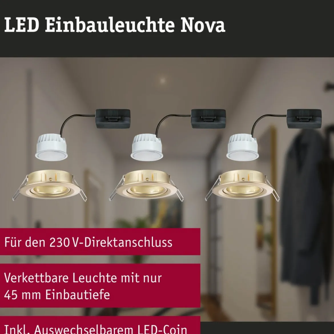 Paulmann 92404 Einbauleuchte LED Nova Coin 3er-Set schwenkbar 84mm gold