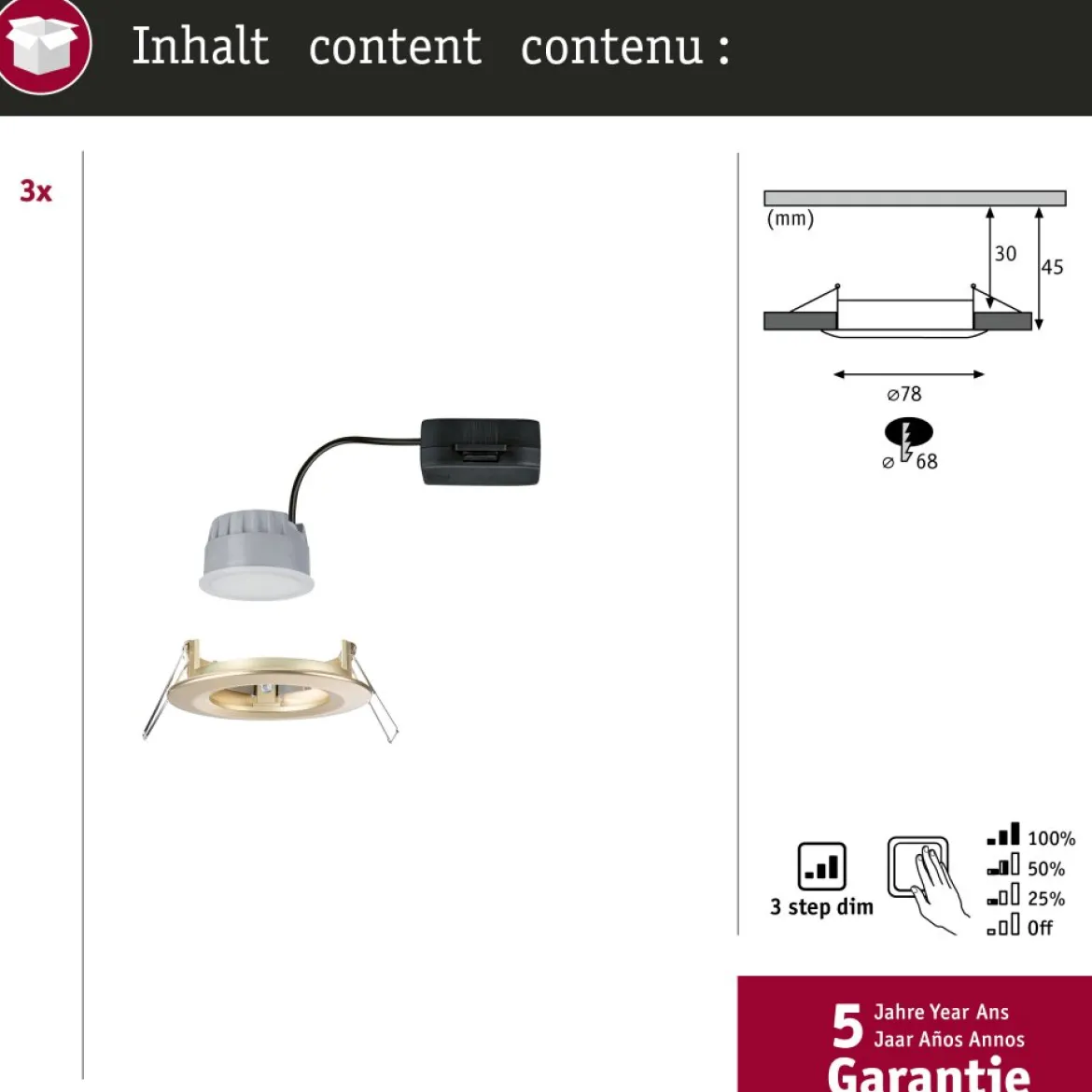 Paulmann 92407 Einbauleuchte LED Nova Coin 3er-Set 74mm gold 3-Step-Dim IP44