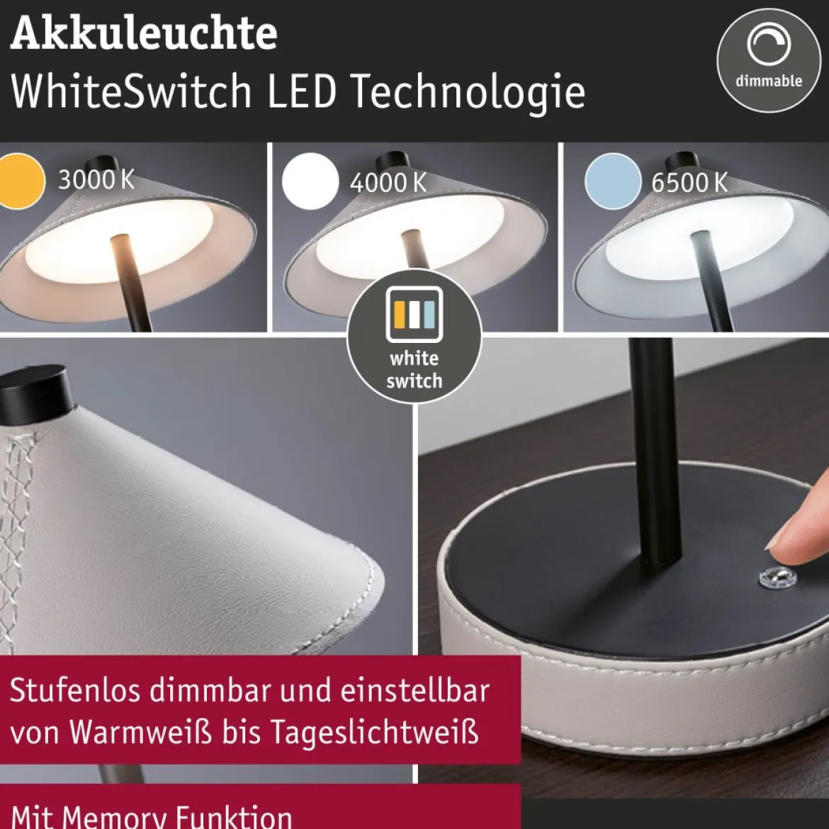 Paulmann 71176 LED Akkuleuchte Pellini 37cm White Switch dimmbar beige schwarz