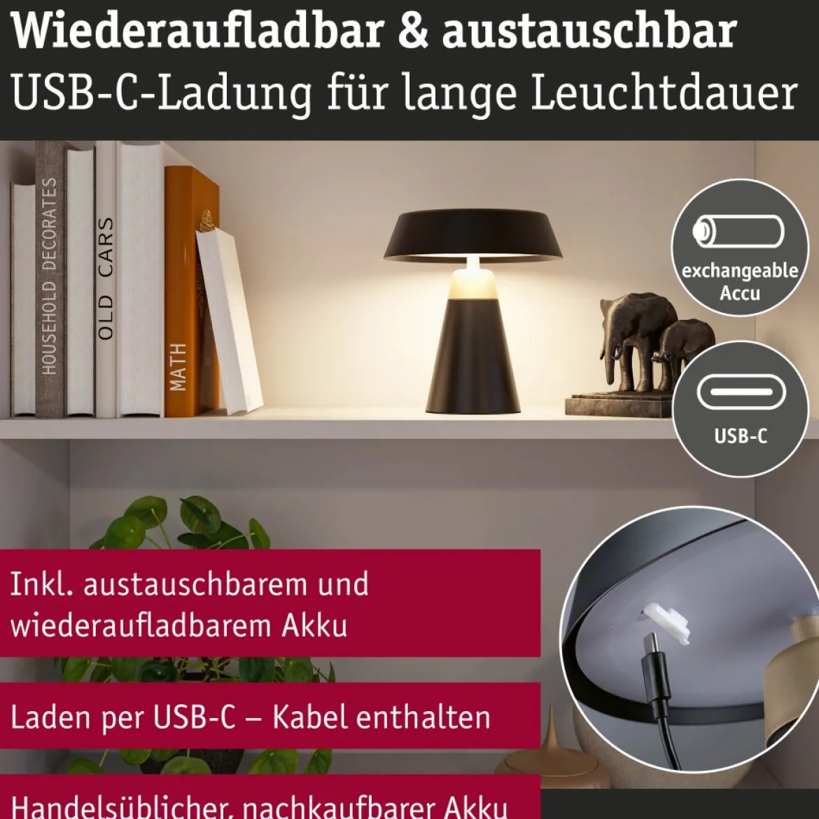 Paulmann 77060 LED Akku Tischleuchte Lirox White Switch IP44 dimmbar Schwarz