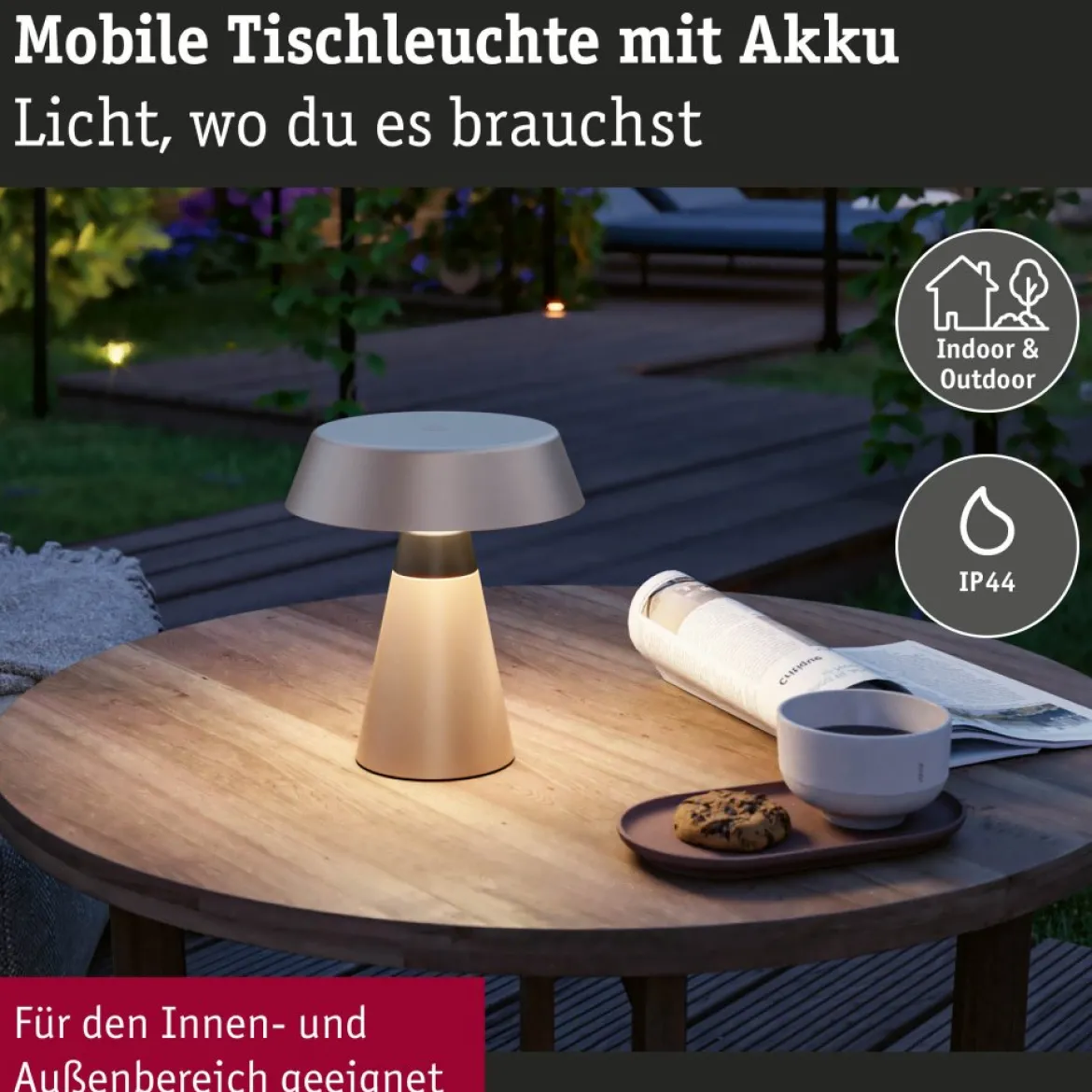Paulmann 77061 LED Akku Tischleuchte Lirox White Switch IP44 dimmbar Champagner
