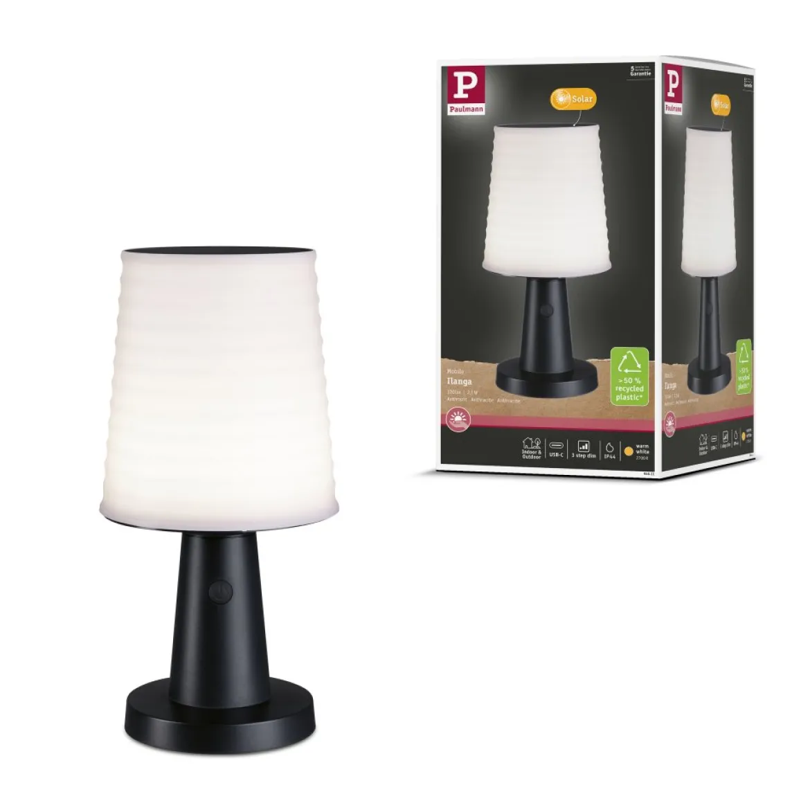 Paulmann 94611 LED Akku Tischleuchte Ilanga Solar 2700K IP44 dimmbar Anthrazit