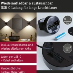 Paulmann 71290 LED Akkuwandleuchte Zorik Schwarz dimmbar IP44