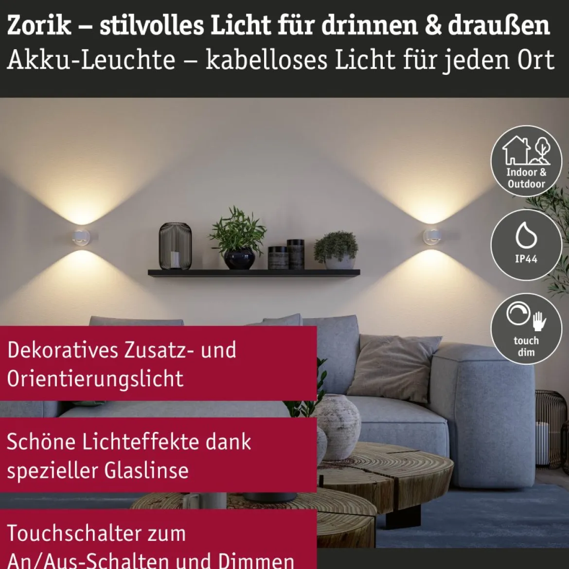 Paulmann 71291 LED Akkuwandleuchte Zorik Weiß dimmbar IP44
