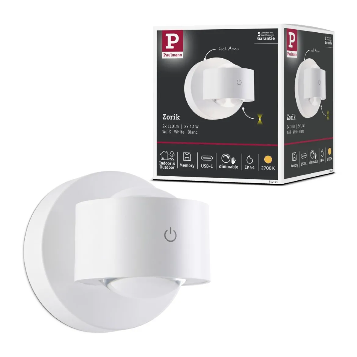 Paulmann 71291 LED Akkuwandleuchte Zorik Weiß dimmbar IP44