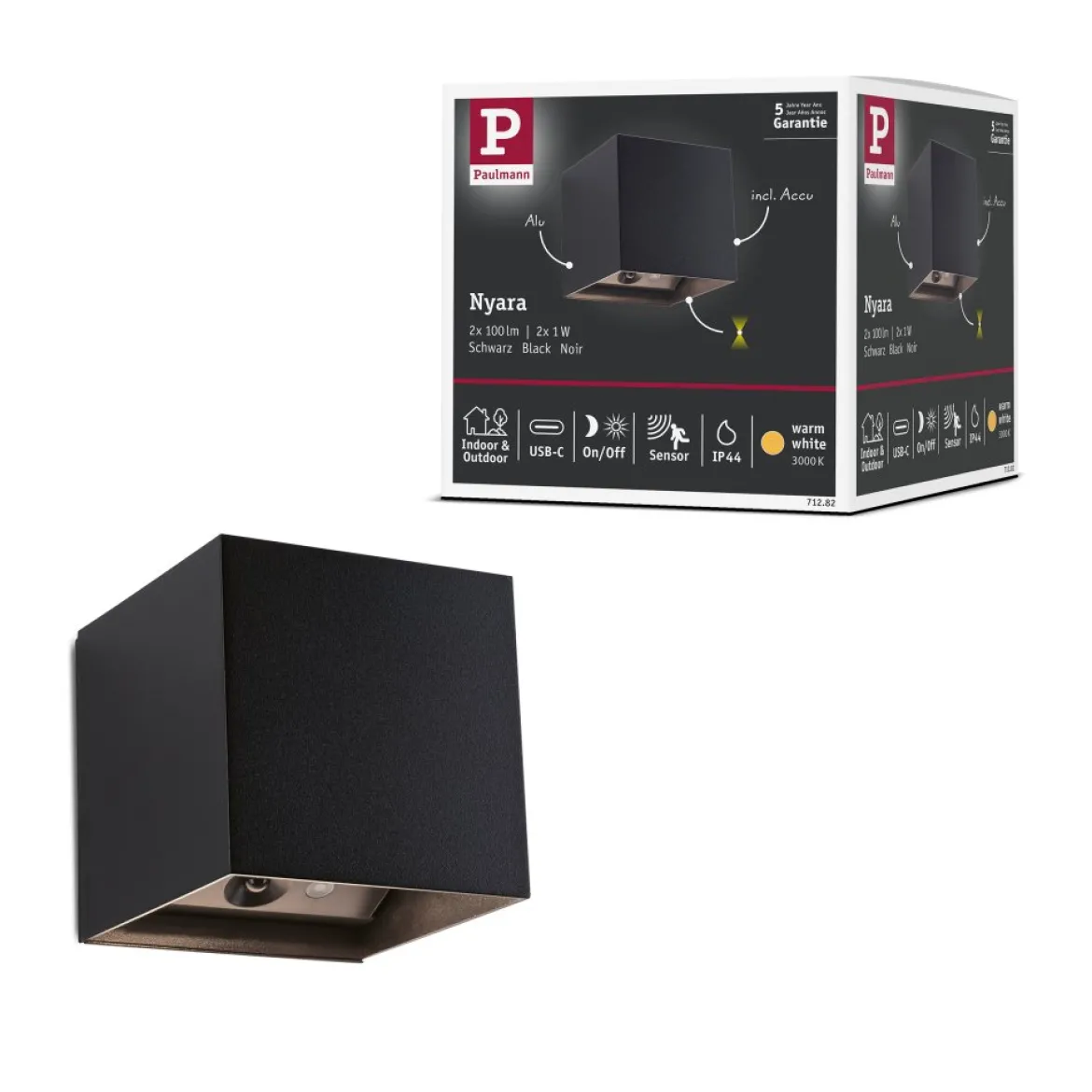 Paulmann 71282 LED Akku Wandleuchte Nyara eckig IP44 3000K schwarz Bewegungsmelder